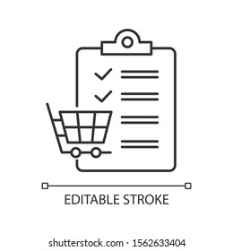 Shopping list linear icon. Planning purchases in store. Merchandise and consumerism. Checklist writing. Thin line illustration. Contour symbol. Vector isolated outline drawing. Editable stroke