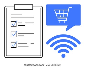 Shopping list on clipboard with checkmarks, blue shopping cart icon in speech bubble, wireless signal icon. Ideal for e-commerce, online shopping, digital marketing, internet connectivity