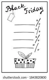 Shopping list. Page, label template with lines for writing and check buys for Black Friday. Vector simple outline illustration of gift box and lettering in doodle style