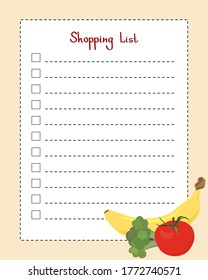 Shopping list. Page template with lines for writing a shopping list. Vector illustration with vegetables and fruits