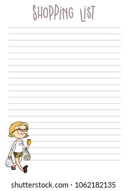 Shopping list page. Vector printable planner template. Daily organizer with cartoon character.
