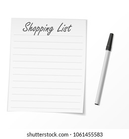 Shopping list paper and pen. Vector Illustration