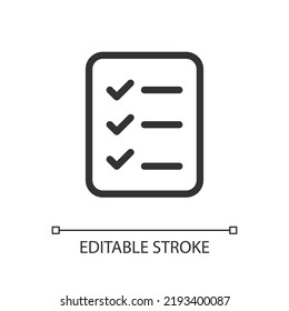 Shopping list pixel perfect linear ui icon. Remembering items to shop. Online marketplace. GUI, UX design. Outline isolated user interface element for app and web. Editable stroke. Arial font used