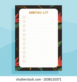 Shopping list planner print concept template. With hand drawn exotic floral leaves pattern. Vector