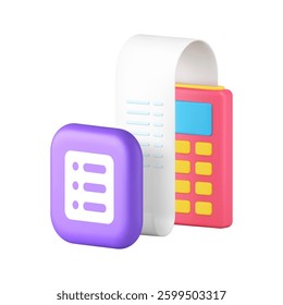 Shopping list planning payment receipt with POS terminal machine 3d icon realistic vector illustration. Shop store goods purchase successful financial transaction organization banking technology