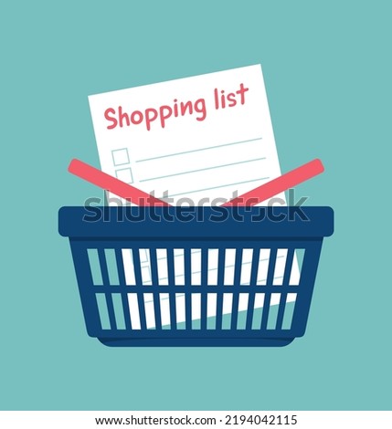 Shopping list in a plastic shopping basket on a turquoise background. Flat vector illustration