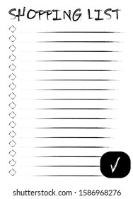 Shopping list printable blank for daily planner, do it yourself scrapbooking notepad. Grunge sketch lines and paint strokes. Self organization and notes for memory. Decorated with swoosh and rombs.