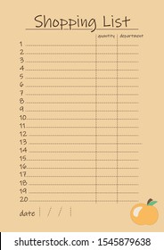 Shopping list printable blank template for personal planner, bullet journal or do it yourself notepad. Beige background and sketch text, dotted lines. Remember to buy sheet decorated with apple.