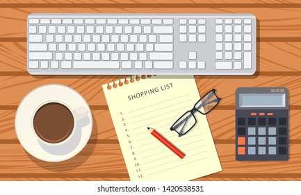 Shopping list and red pencil on wooden table with keyboard, glasses, calculator and cup of coffee in flat style. Concept of shopping planning. Vector illustration