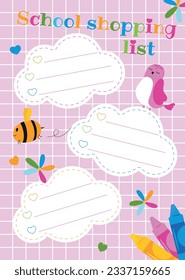 Shopping list for school. Back to school. Vector illustration