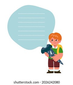 Shopping list for a school.Stuff to buy for first-grader, small boy holding a schultuete cone and looking on the list.German tradition for enrollment.Vector flat illustration.