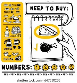 Shopping list set Notepad in hand and images of food