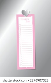 Shopping list with silver heart shape magnet on silver background surface