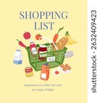 shopping list slogan with grocery items and green basket cartoon vector illustration