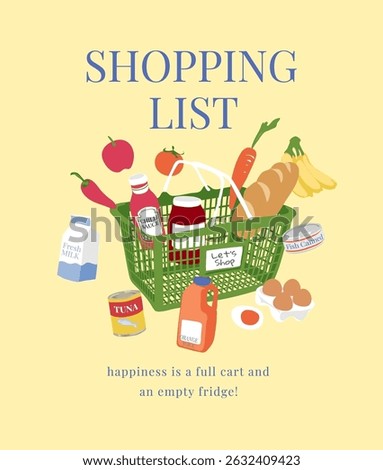 shopping list slogan with grocery items and green basket cartoon vector illustration