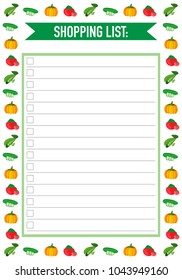 Shopping List. Supermarket, vegetables, diary products.Vector Illustration.