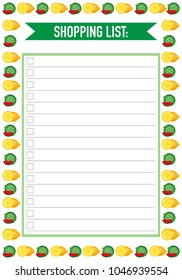Shopping list template with colourful fruit ornaments. To buy list for the buying diary products.Vector Illustration. 