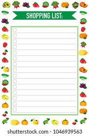 Shopping list template with colourful fruit ornaments. To buy list for the buying diary products.Vector Illustration. 