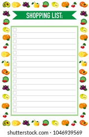 Shopping list template with colourful fruit ornaments. To buy list for the buying diary products.Vector Illustration. 