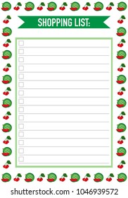 Shopping list template with colourful fruit ornaments. To buy list for the buying diary products.Vector Illustration. 
