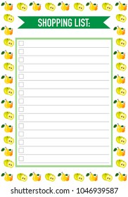 Shopping list template with colourful fruit ornaments. To buy list for the buying diary products.Vector Illustration. 