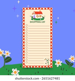 A shopping list template decorated with wildflowers and a cute house in bright colors. A printable diary with a schedule and to-do list, notes. Vector illustration