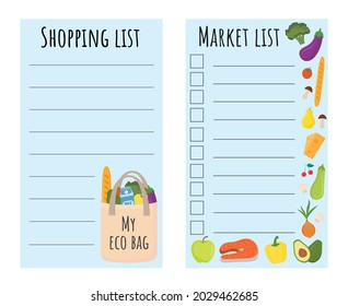 Shopping list template with eco bag, healthy food and vegetables. Page template with lines for writing a shopping list. Template for planner, organizer, DIY scrapbooking note pad page. Buy list.