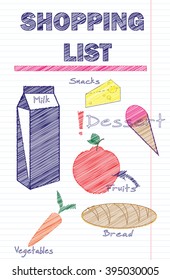 Shopping list template with food illustrations in sketch style. vector illustration, design elements