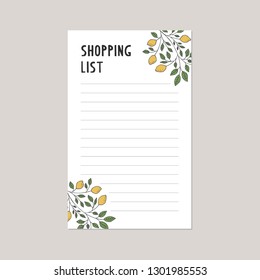 Shopping list template with lemon branch