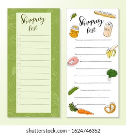 Shopping list templates with doodle drawings of food, on white and color background. Vector illustration of a set of products, calligraphic inscription.