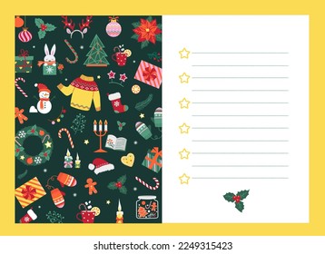 Shopping list templates. Hand-drawn doodles decoration, pattern, ornaments. Holidays to do list, check list for gifts