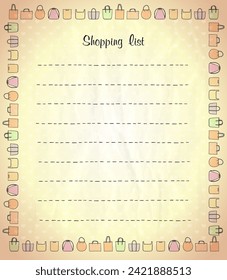 Shopping list vector blank with shopper bags symbols frame and empty place for text