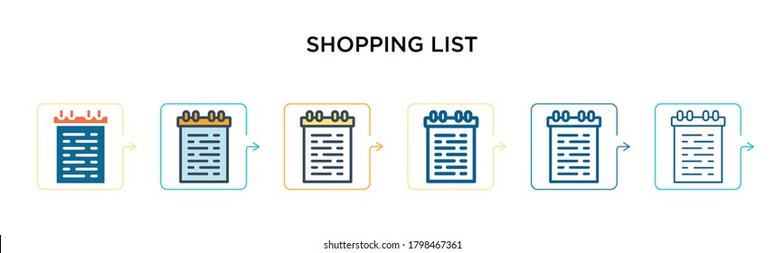 Shopping list vector icon in 6 different modern styles. Black, two colored shopping list icons designed in filled, outline, line and stroke style. Vector illustration can be used for web, mobile, ui