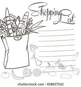 Shopping list. vector illustration bags of food. Coloring