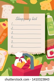 Shopping list vector illustration. Checklist food planning for market, everyday notebook with vegetables, basket, diary products, bread, juice, sausage, jam, egs, carrot milk cheese lemon