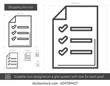 Icono de línea vectorial de lista de compras aislado en fondo blanco. Icono de línea de la lista de compras para infografía, sitio web o aplicación. Icono escalable diseñado en un sistema de cuadrícula.