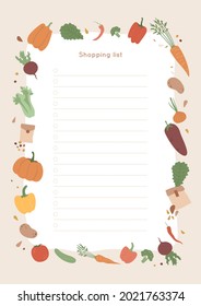 Shopping list with vegetables frame and copy space. Garden food. Vector illustration with pumpkin, eggplant, celery, onion and carrot. Farming ingredients, harvest, beet, potato, tomato on branch