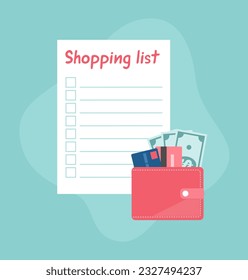 Shopping list and wallet with cards and cash on a green turquoise background. Flat vector illustration