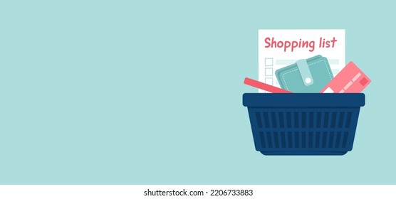 Shopping list, wallet and credit card in supermarket basket on turquoise background with copy space. Flat vector illustration