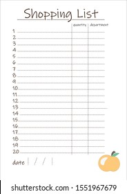 Shopping list white isolated blank. Template for planner, organizer, DIY scrapbooking note pad page. Decorated with apple, 1-20 numbers and dotted lines. Stock vector.