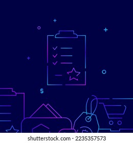 Shopping list, wishlist gradient line vector icon, simple illustration on a dark blue background, shopping and delivery related bottom border.