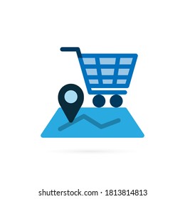 Shopping location icon. Shopping cart with point on map symbol. Blue symbol on white background. Vector illustration.