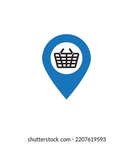 Shopping location, Vektorlogo-Vorlage. Dieses Design verwendet ein Taschensymbol. Geeignet für Geschäftsreisende.