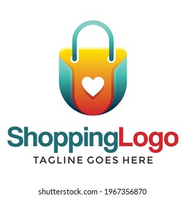 shopping logo design concept illustration design. Shopping bag with heart shape icon online store  business flat color style with orange yellow and green in white isolated background.