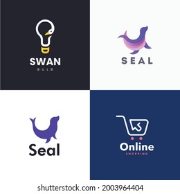 Shopping Logo Design, Seal Animal Logo Vector, Swan Logo Vector, Bulb Logo Vector Design Set Concept 