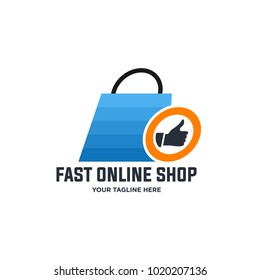 Shopping logo design vector , fast symbol and hand thumb on shopping bag. Abstract concept for online store.