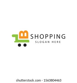 shopping logo in the form of a shopping trolley that has the letter B on it which means basketball, and can also be seen as food and fresh colors make this design. unique, modern, simple.