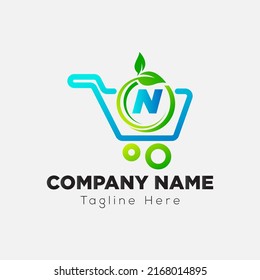 Shopping Logo on Letter N Sign. Leaf and shopping Icon with Logotype Concept