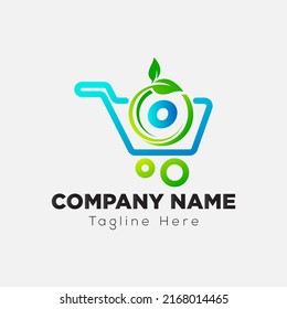 Shopping Logo on Letter O Sign. Leaf and shopping Icon with Logotype Concept