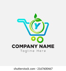 Shopping Logo on Letter Y Sign. Leaf and shopping Icon with Logotype Concept